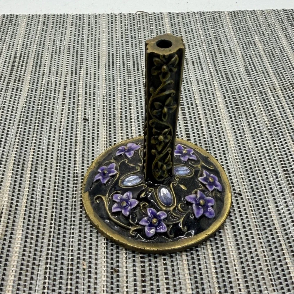 Vintage Floral Ring Holder Bronze Metal Purple Enamel Flower Rhinestone Stand 2